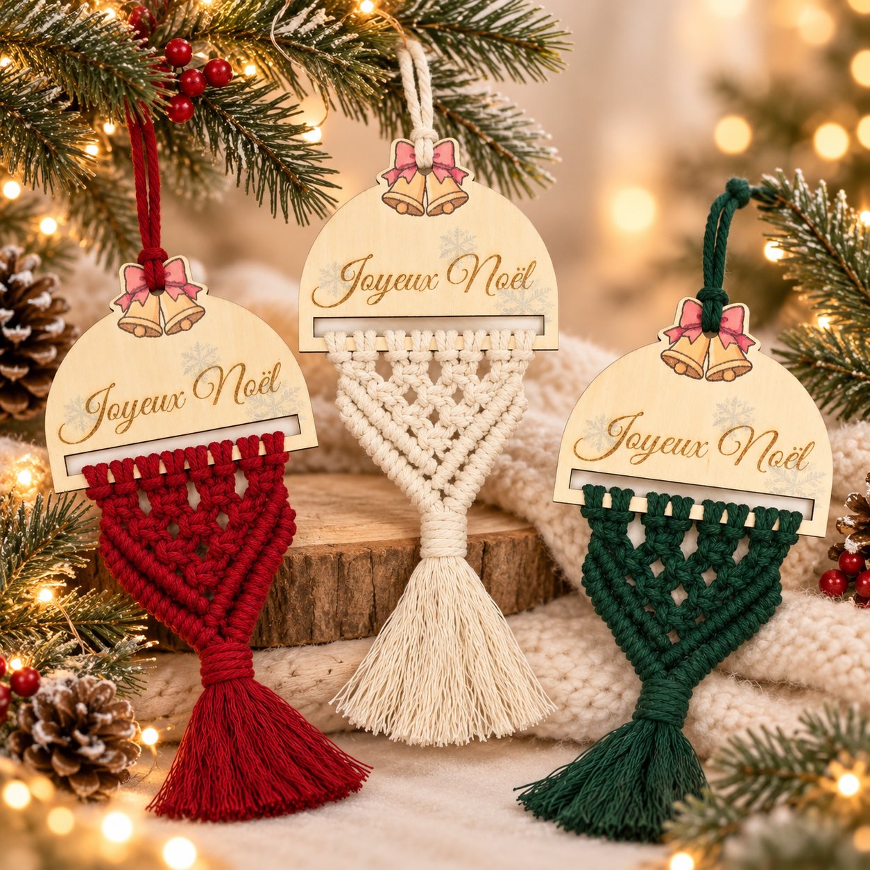 Suspension de Noël en bois et macramé – Joyeux Noël — visuel 1