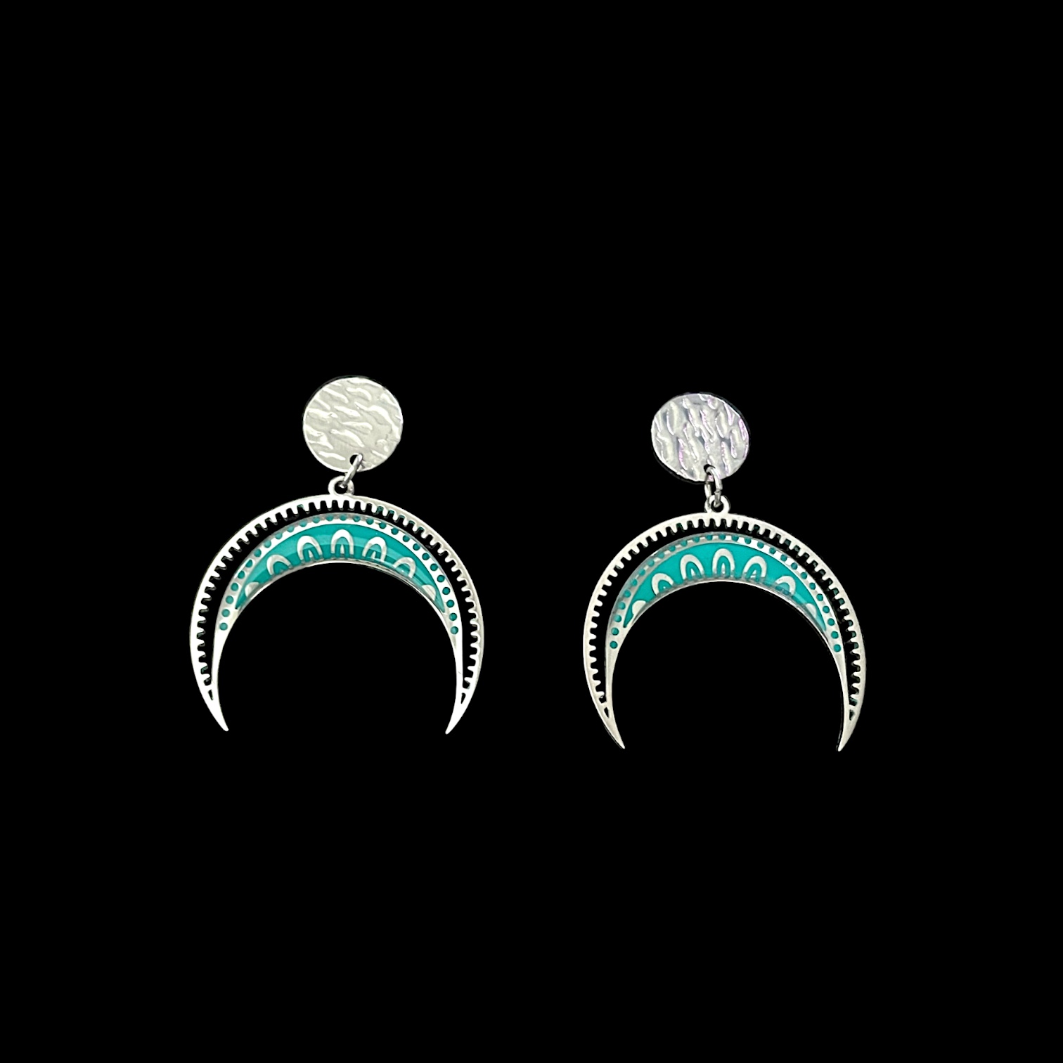 Boucles d’oreilles croissant bleu-vert en pâte polymère et acier inoxydable — visuel 1