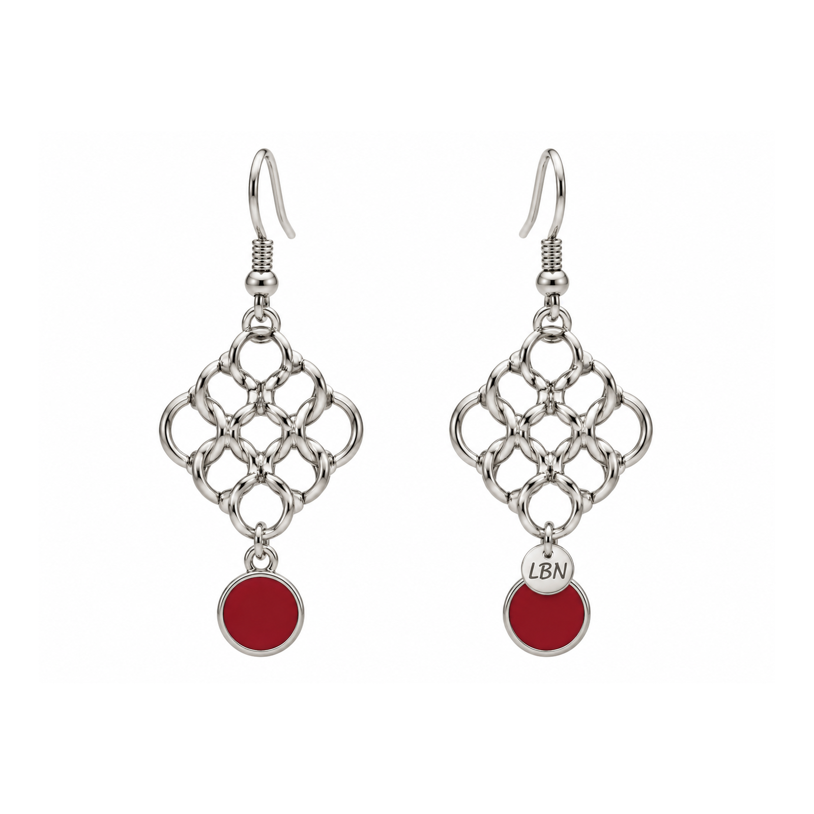 Boucles d'oreilles symétriques – Entrelacs de cercles & touche de rouge — visuel 1