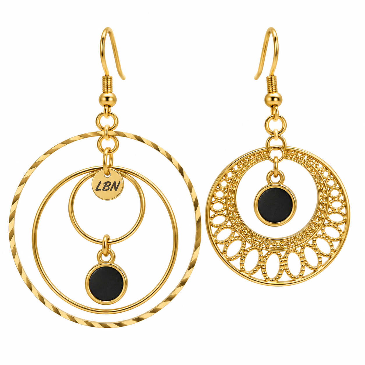 Boucles d'oreilles asymétriques – Cercles & touche de noir — visuel 1