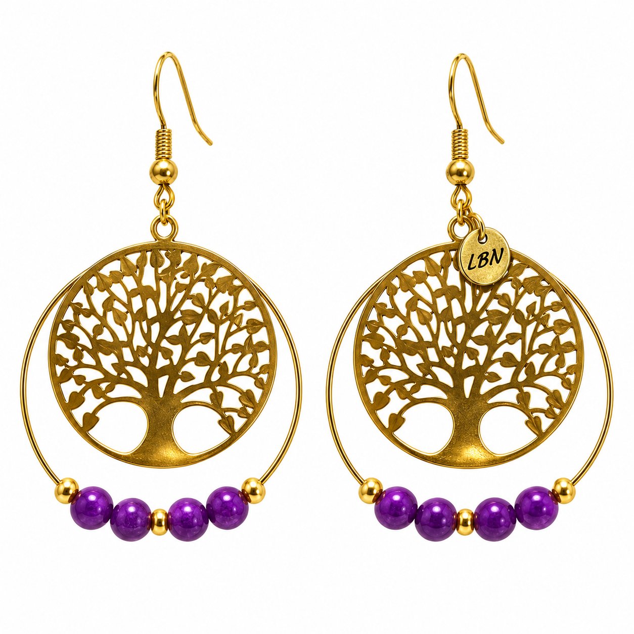 Boucles d'oreilles symétriques – Arbres de vie dorés et perles violettes — visuel 1