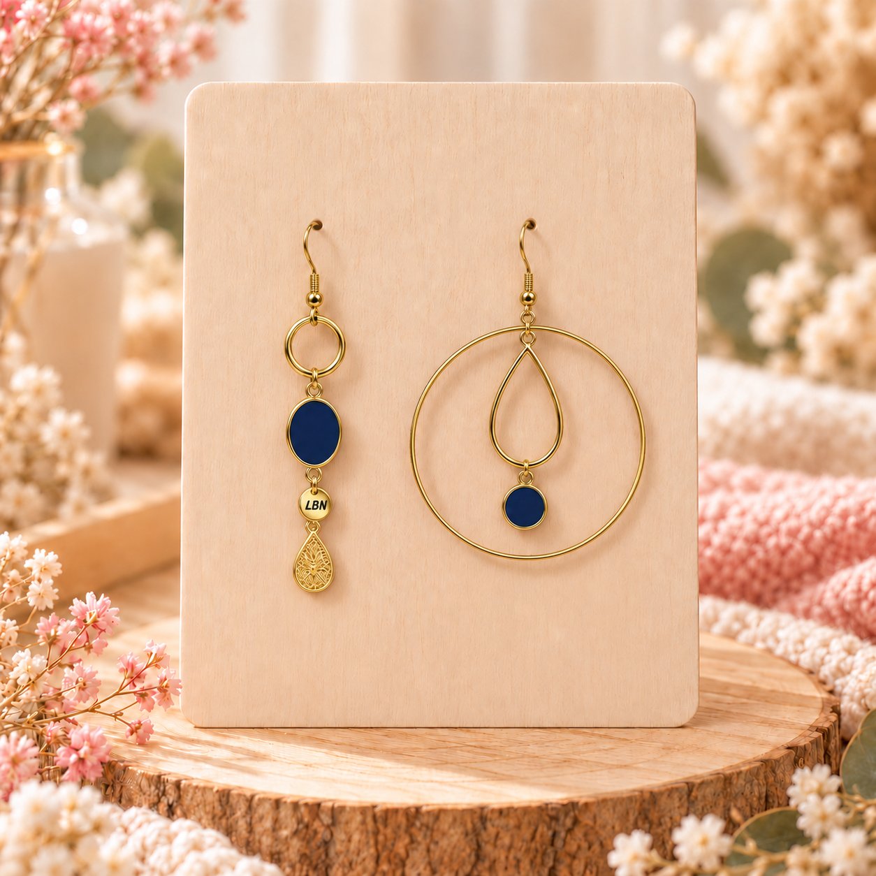 Boucles d'oreilles asymétriques – Grand anneau, gouttes dorées et bleu — visuel 1