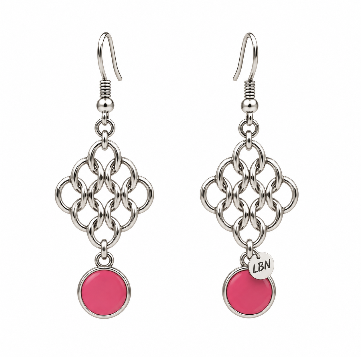 Boucles d'oreilles symétriques – Entrelacs de cercles argentés & Fuchsia — visuel 1