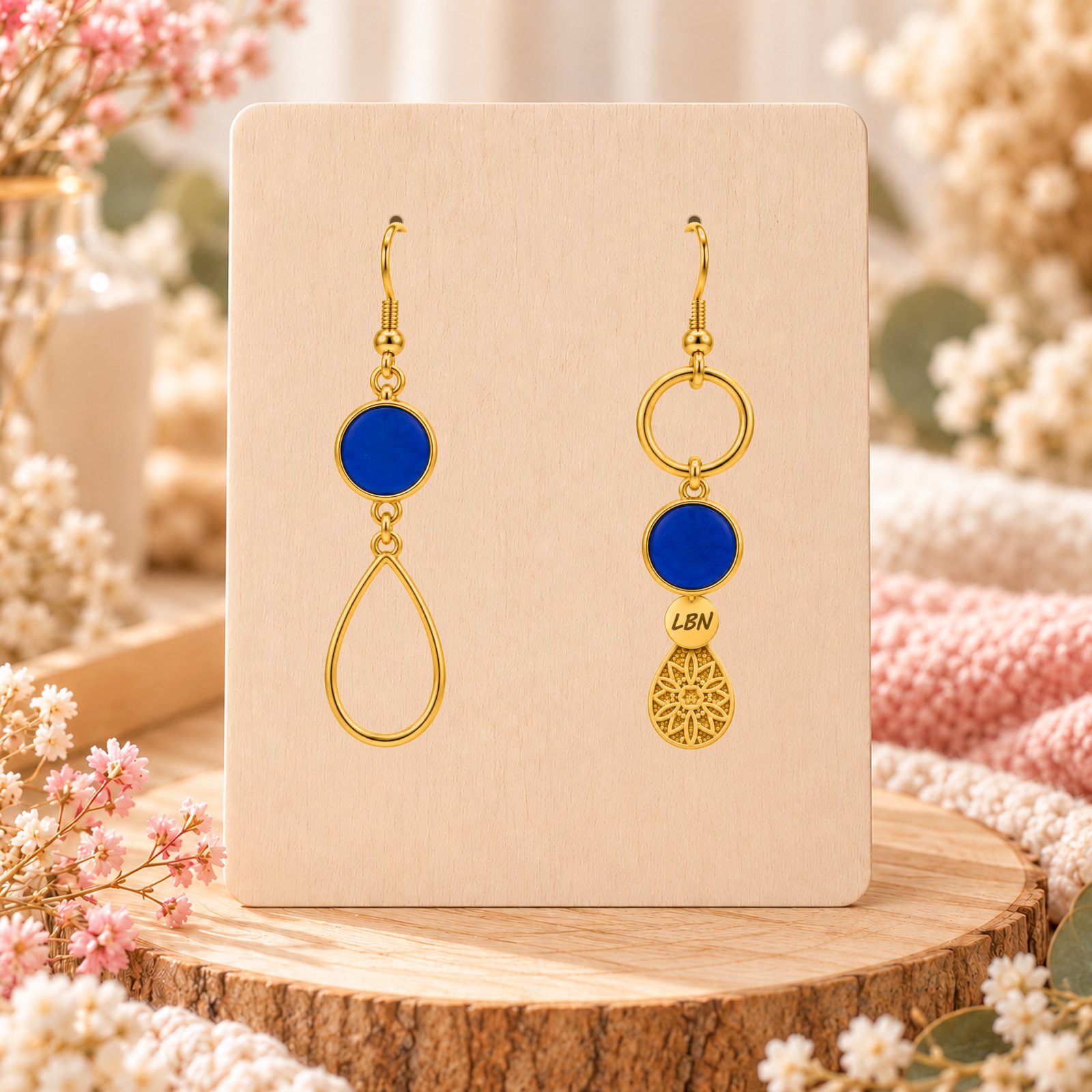 Boucles d'oreilles asymétriques – Gouttes dorées et touches de bleu intense — visuel 1