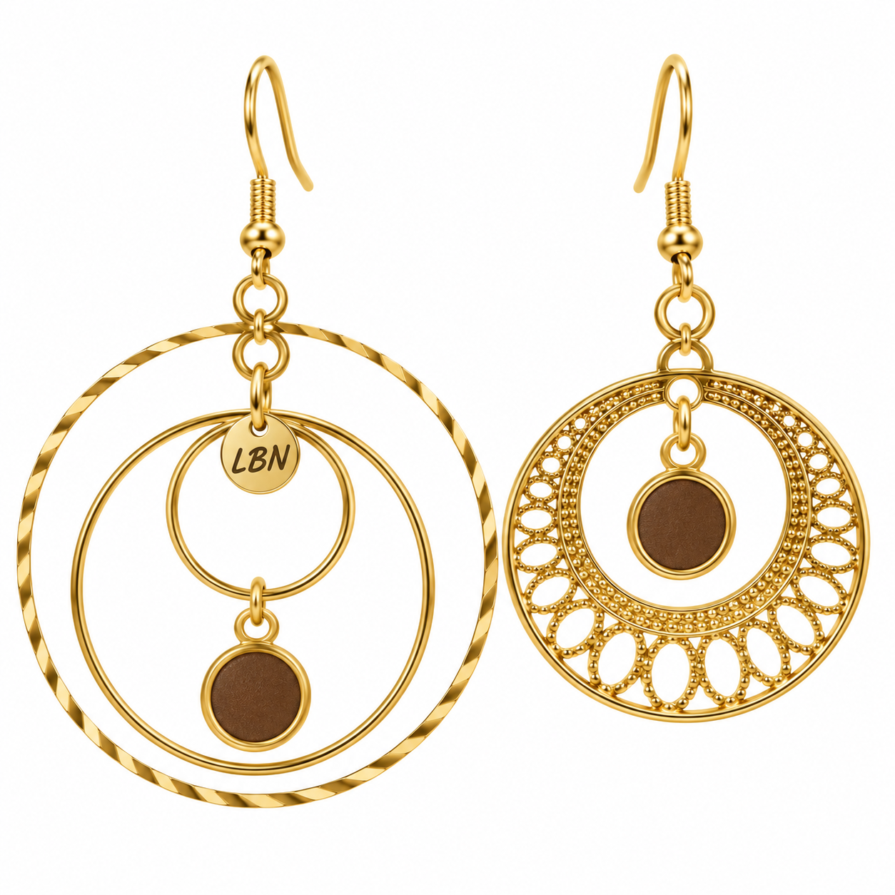 Boucles d'oreilles asymétriques – Cercles & touche de brun — visuel 1