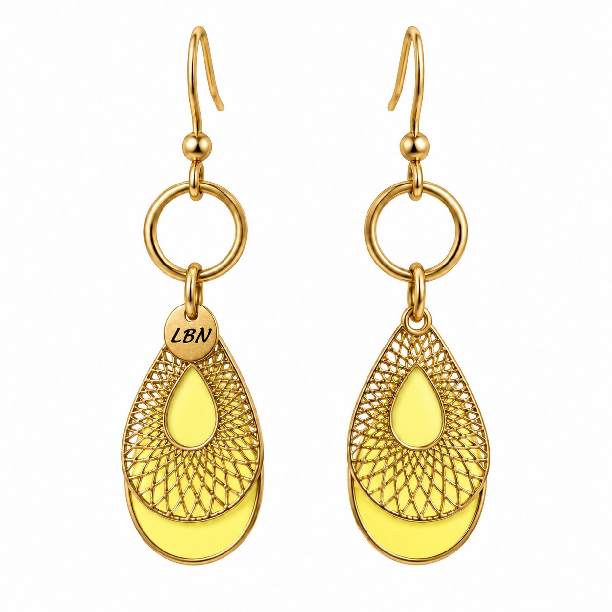 Boucles d'oreilles symétriques – Gouttes dorées ajourées et touches jaunes — visuel 1