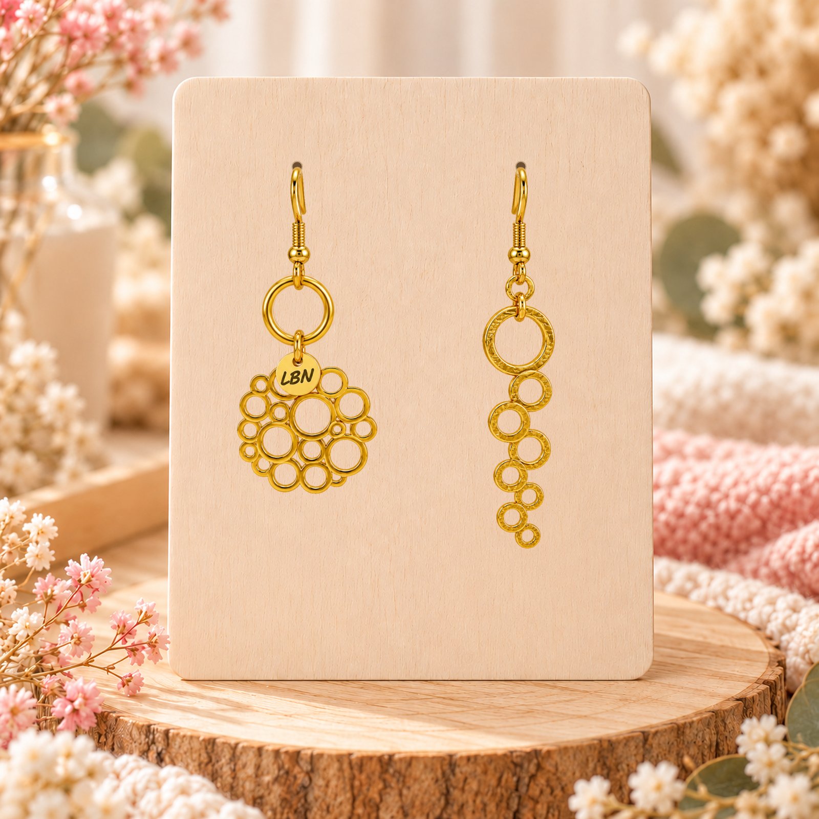 Boucles d'oreilles asymétriques – Cercles dorés ajourés et détails martelés — visuel 1