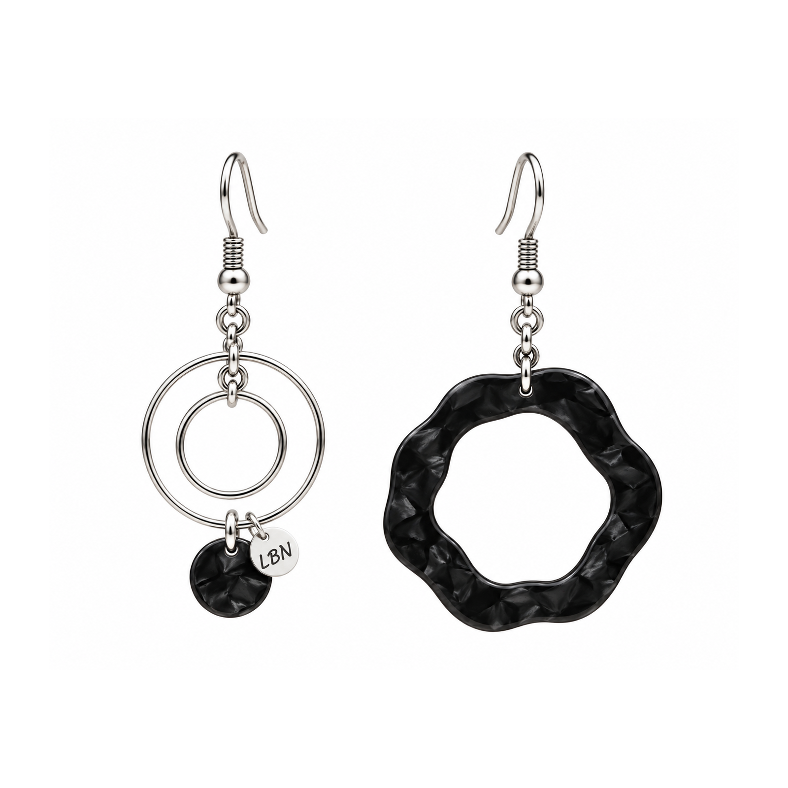 Boucles d'oreilles asymétriques – Cercles argentés & acrylique Gris Foncé — visuel 1