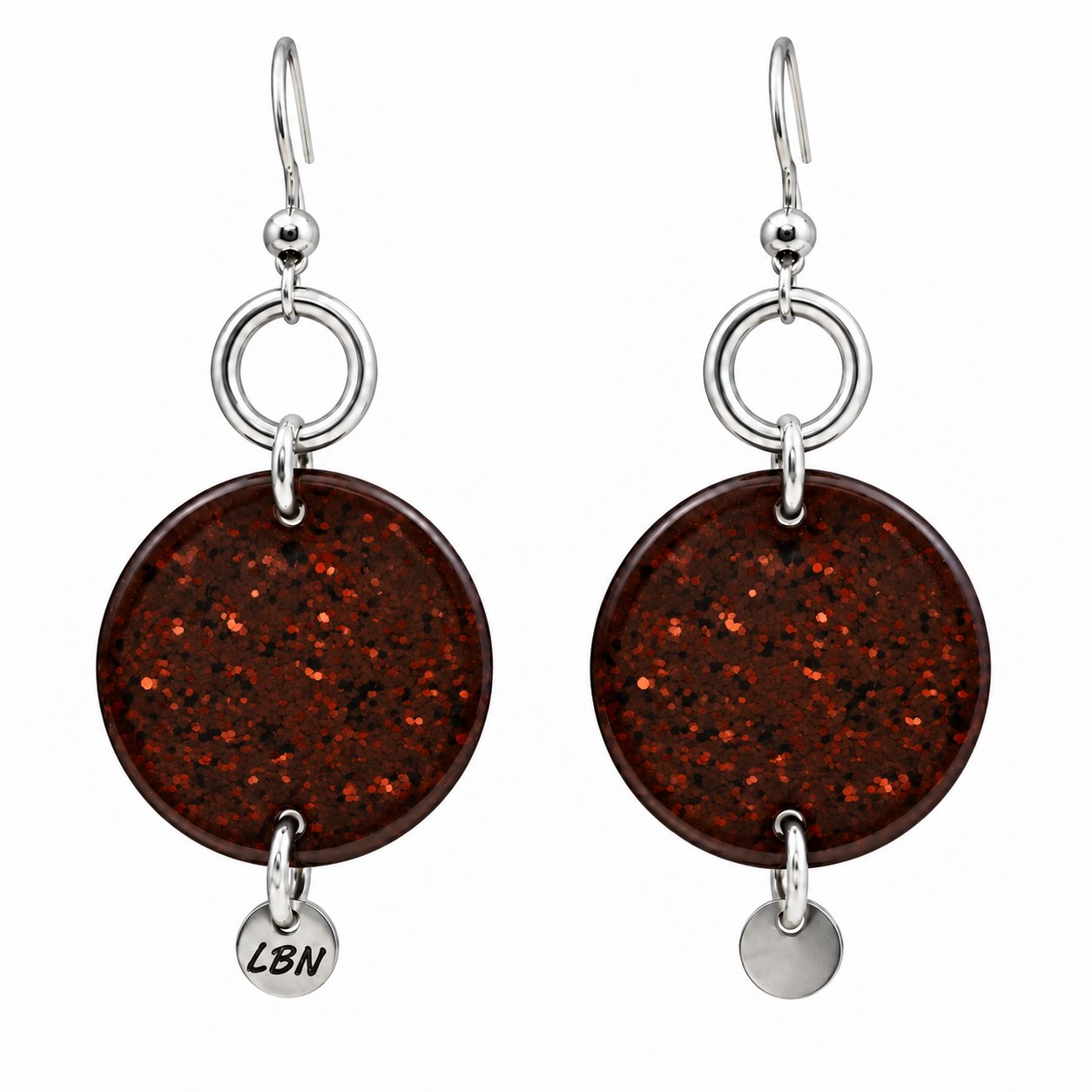 Boucles d'oreilles symétriques – Disques marron pailletés et anneaux argentés — visuel 1
