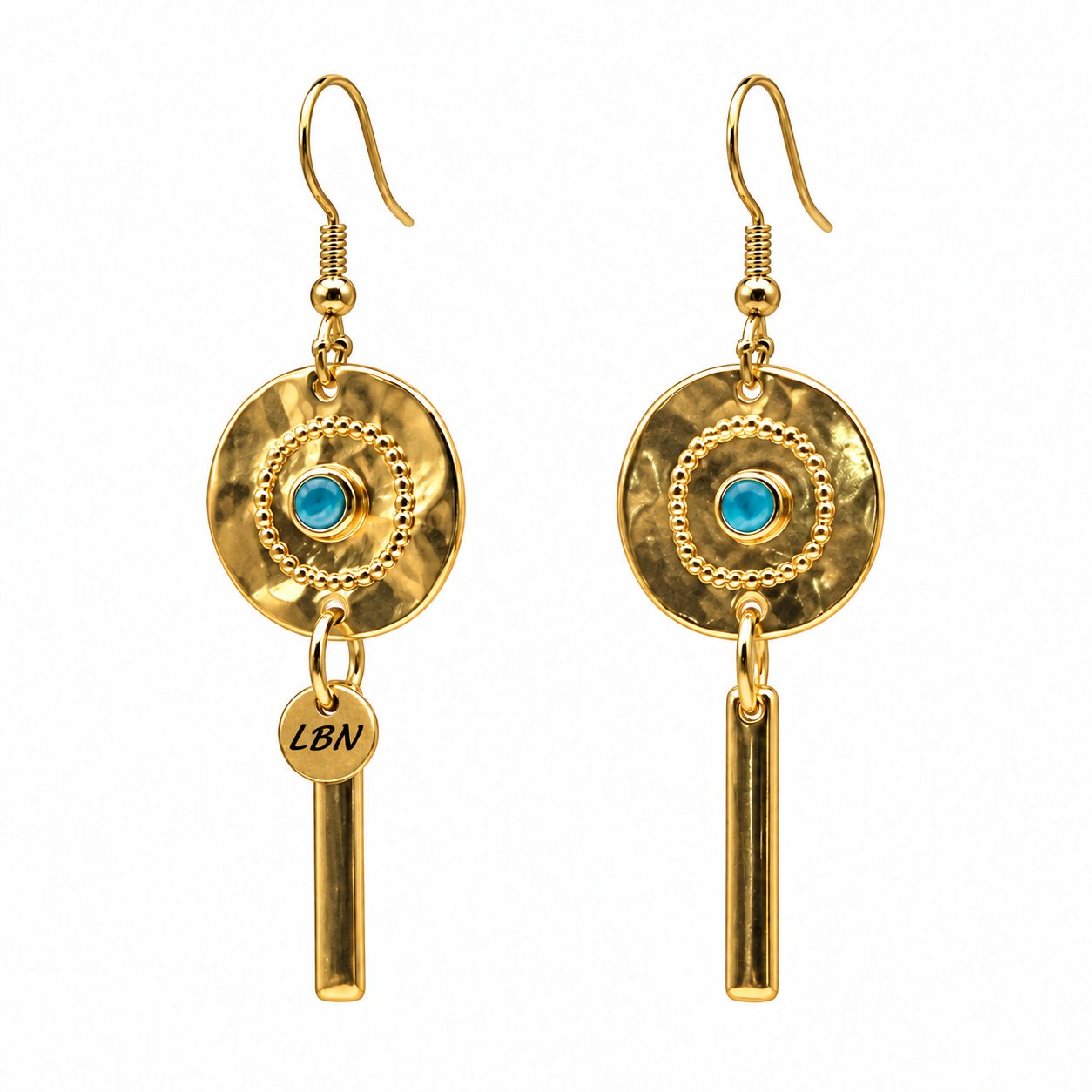 Boucles d'oreilles symétriques – Disques dorés texturés et touches turquoise — visuel 1