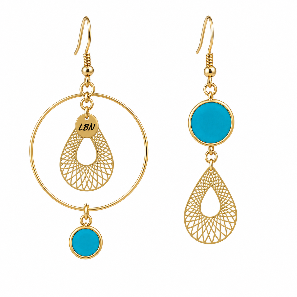 Boucles d'oreilles asymétriques – Gouttes dorées ajourées et touches turquoise — visuel 1