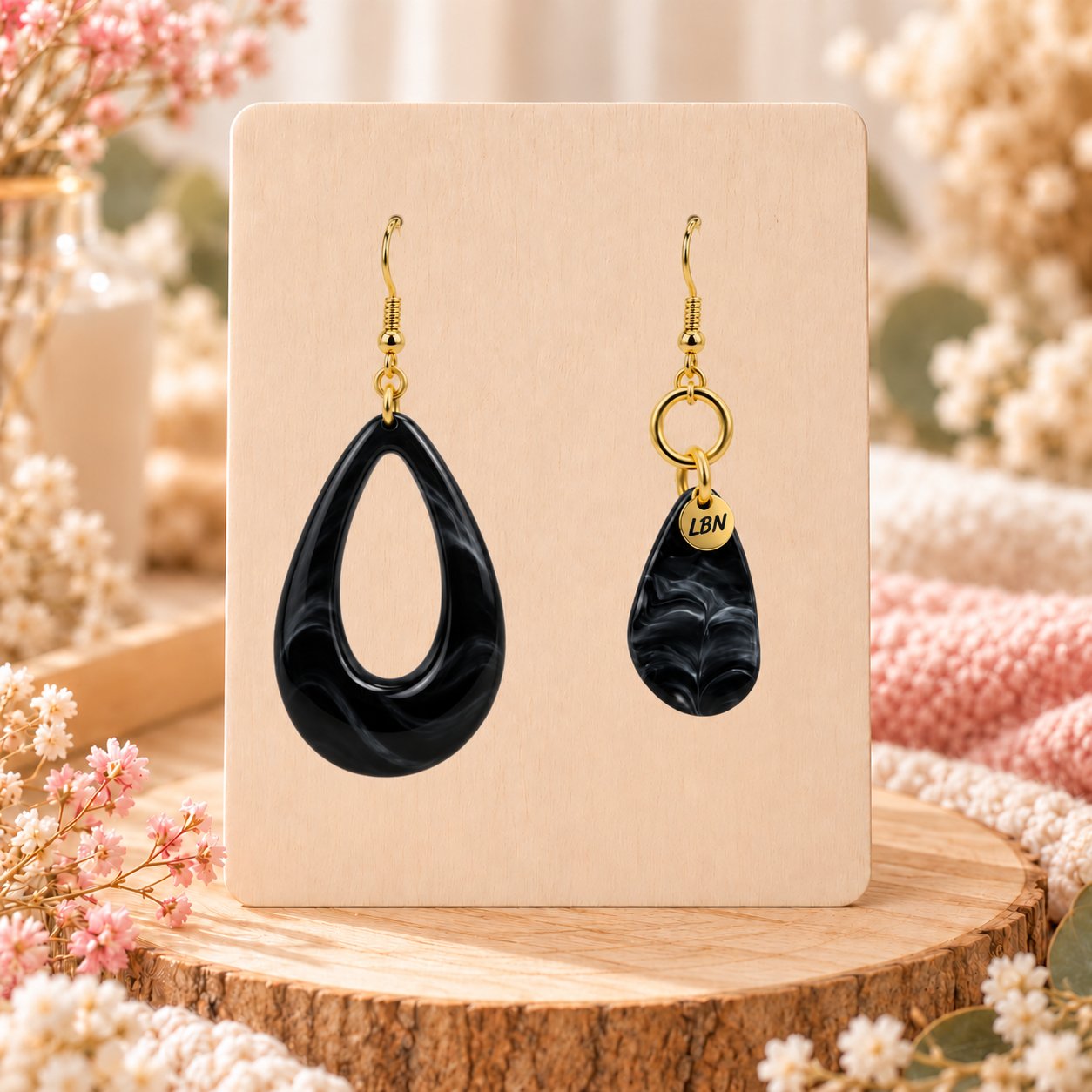 Boucles d'oreilles asymétriques – Gouttes noires ajourée et marbrée — visuel 1