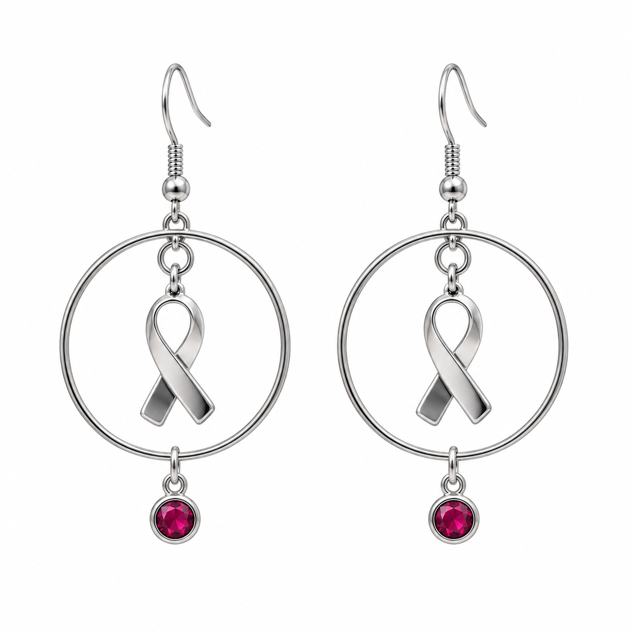 Boucles d'oreilles symétriques – Anneaux et rubans argentés, touches roses — visuel 1