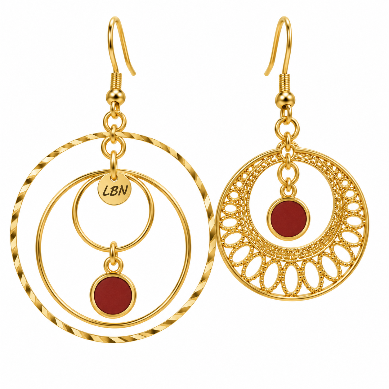 Boucles d'oreilles asymétriques – Cercles & touche de bordeaux — visuel 1