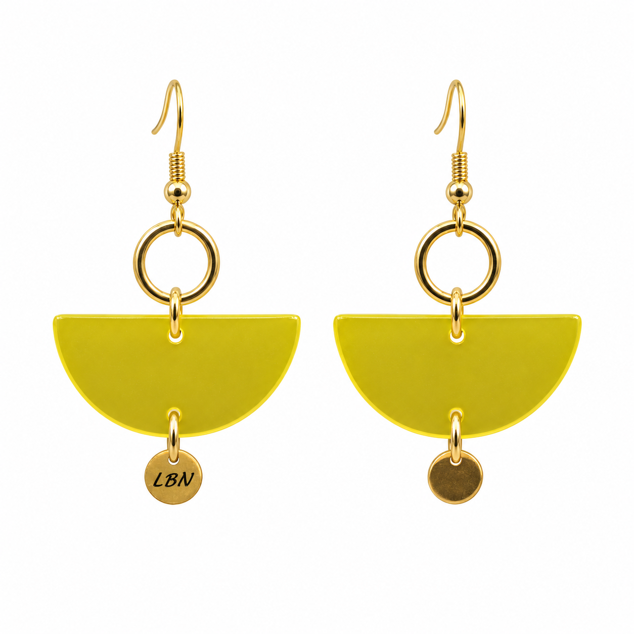 Boucles d'oreilles symétriques – Demi-lunes jaunes et anneaux dorés — visuel 1