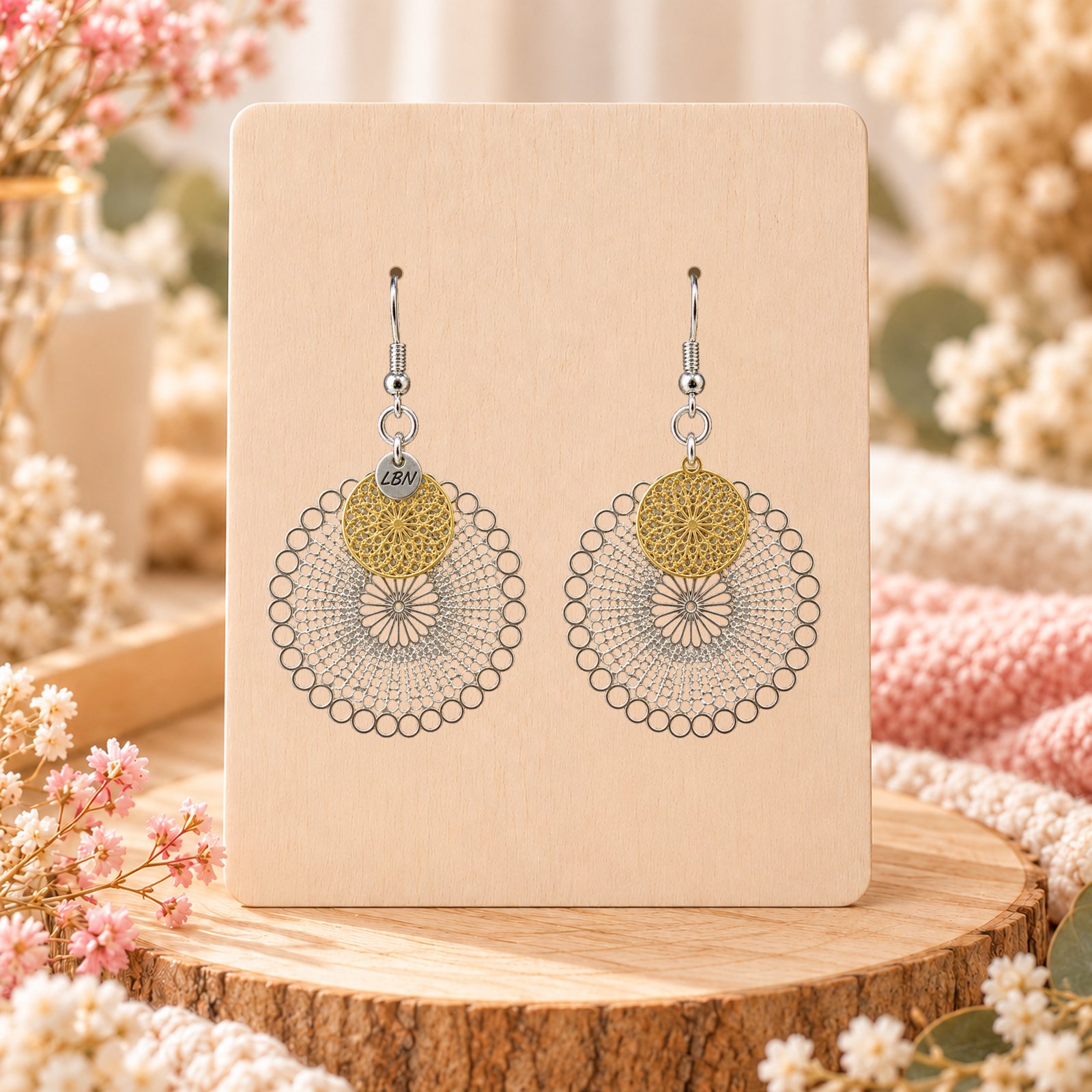 Boucles d'oreilles symétriques – Filigranes argentés et dorés superposés — visuel 1