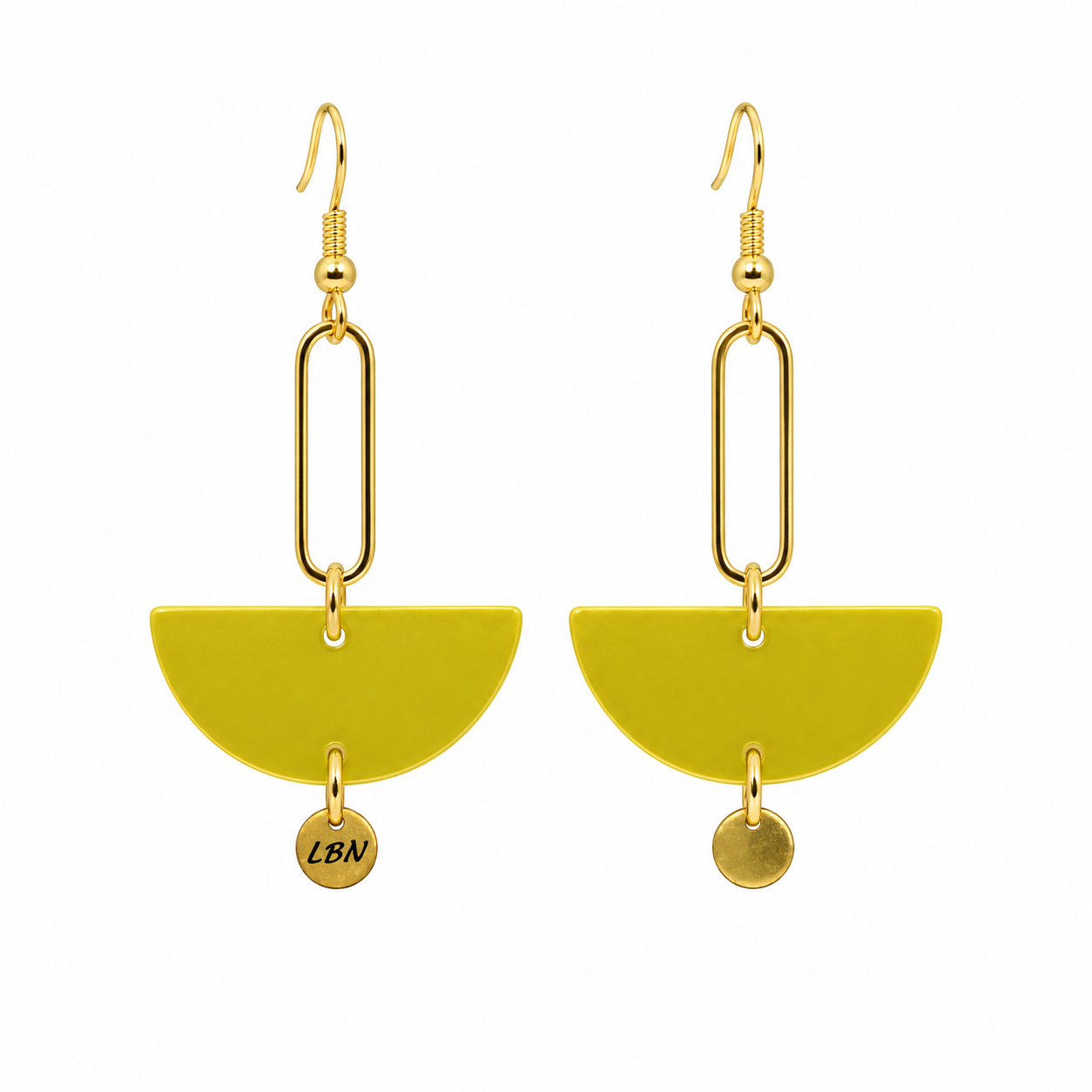 Boucles d'oreilles symétriques – Demi-lunes jaunes et anneaux dorés allongés — visuel 1