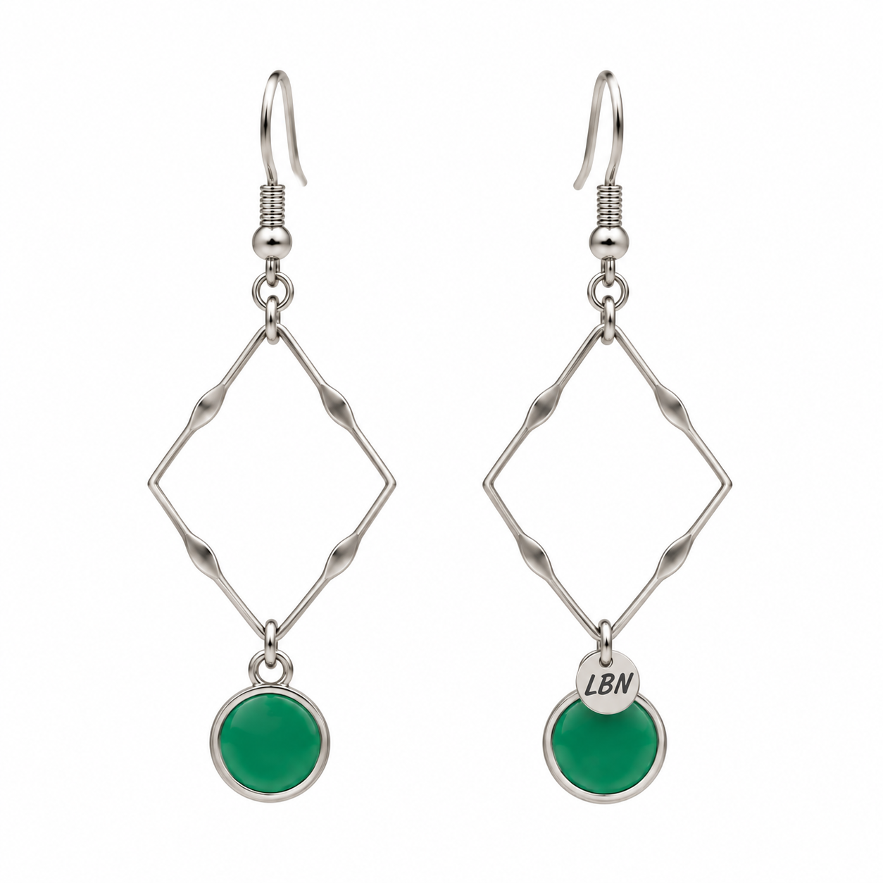 Boucles d'oreilles symétriques – Losanges argentés & vitraux verts — visuel 1