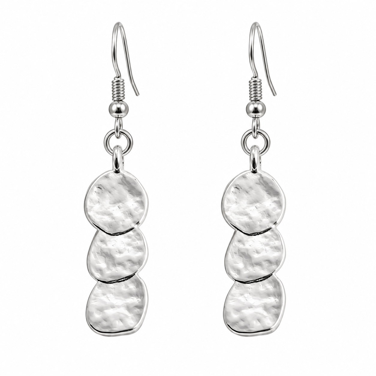 Boucles d'oreilles symétriques – Trio de formes arrondies argentées martelées — visuel 1