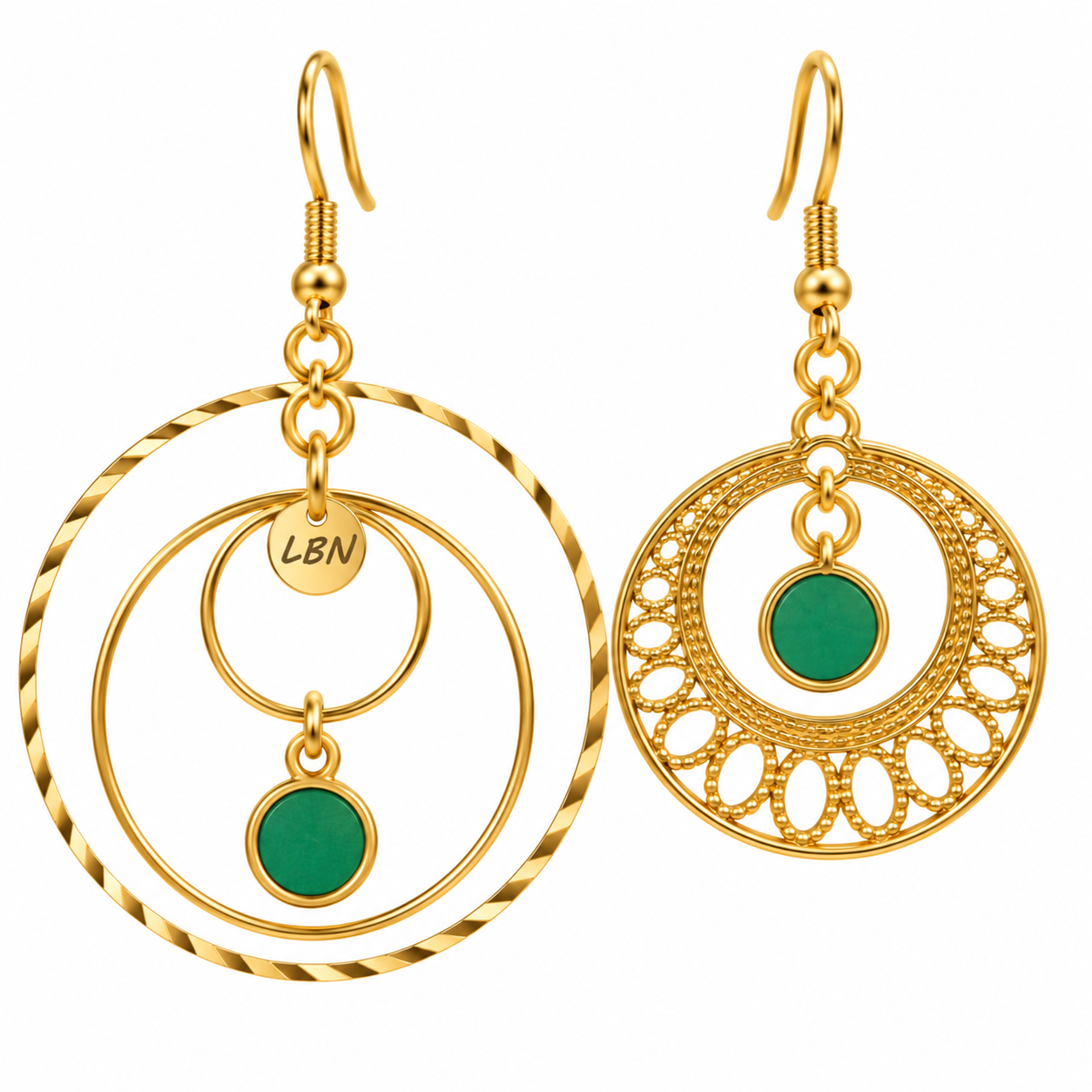 Boucles d’oreilles asymétriques – Cercles & Touches de vert — visuel 1