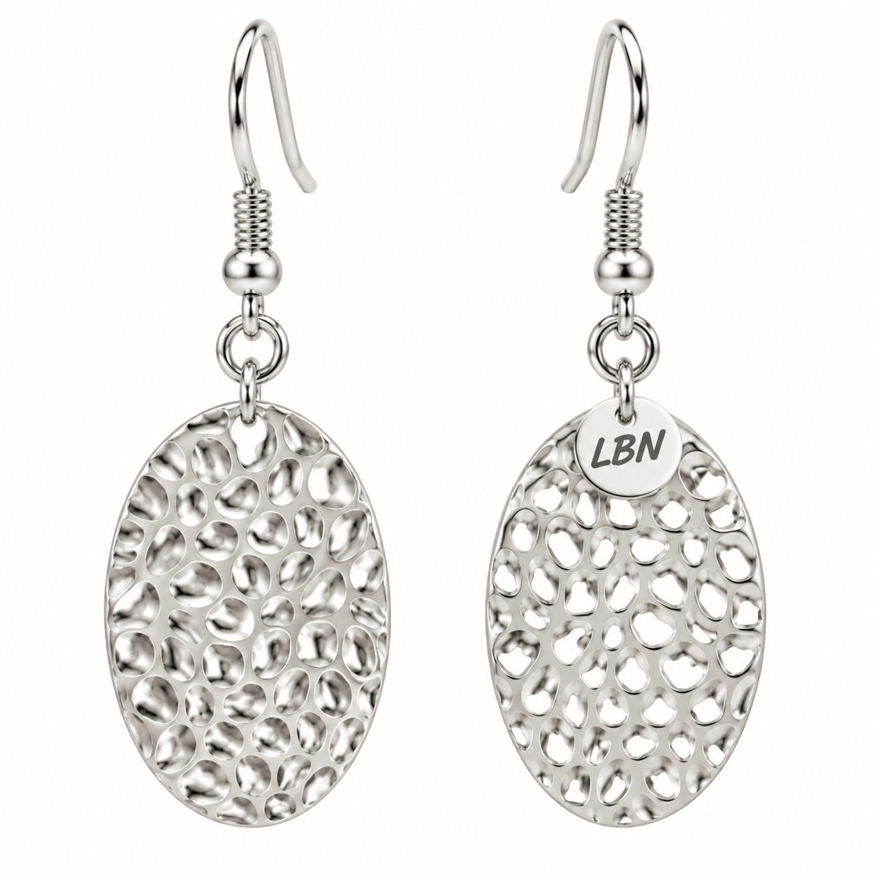 Boucles d'oreilles symétriques – Ovales argentés martelés — visuel 1