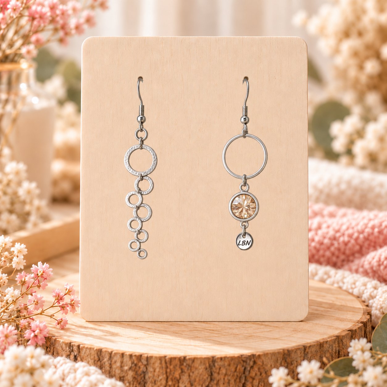 Boucles d'oreilles asymétriques – Cristal champagne et cascade de cercles argentés — visuel 1