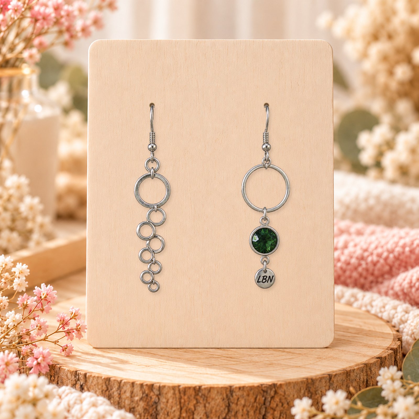 Boucles d'oreilles asymétriques – Cristal vert foncé et cascade de cercles argentés — visuel 1