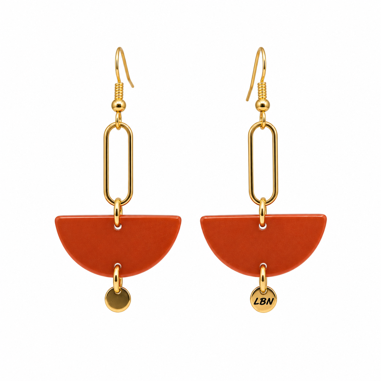 Boucles d'oreilles symétriques – Demi-lunes orange et anneaux dorés allongés — visuel 1