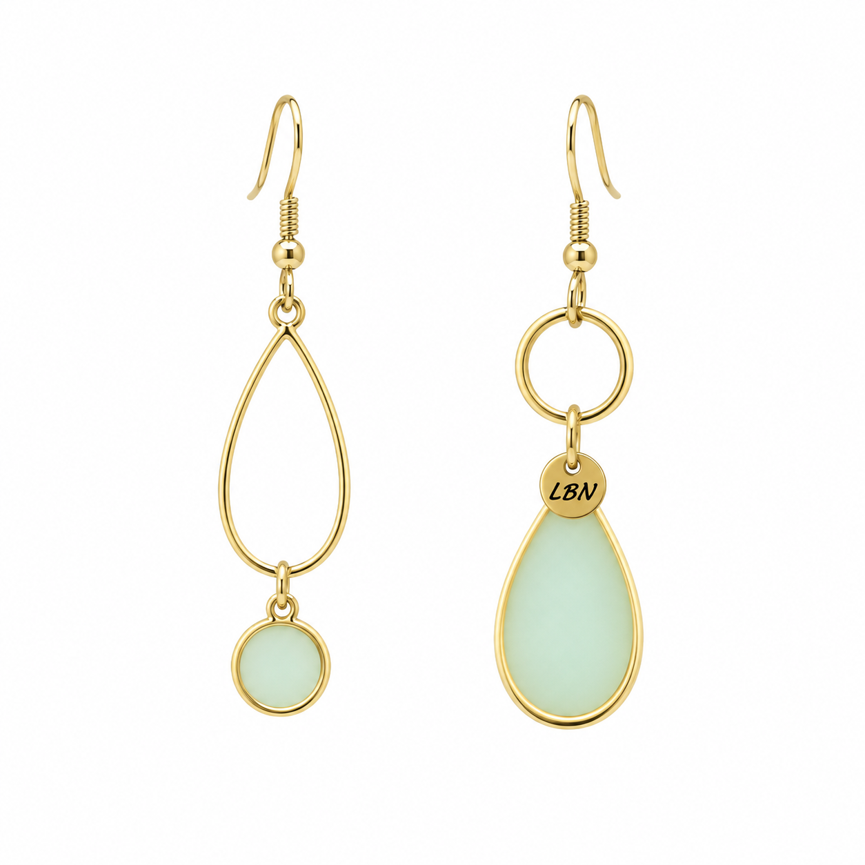 Boucles d'oreilles asymétriques – Gouttes dorées et touches vert menthe pâle — visuel 1