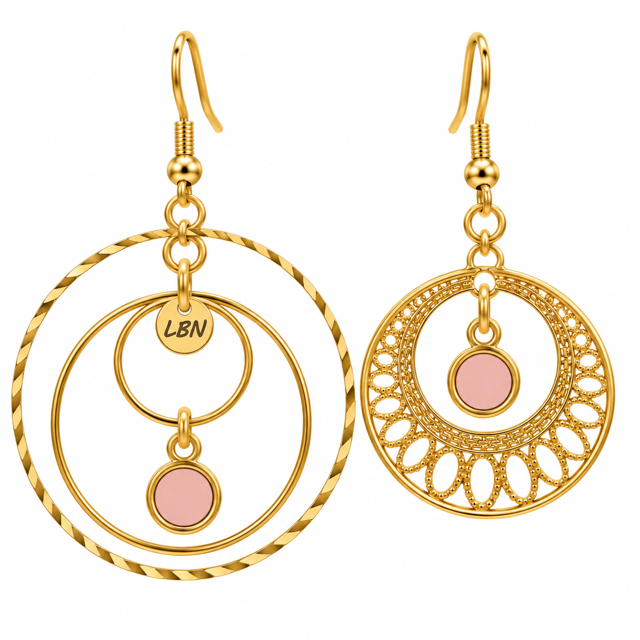 Boucles d'oreilles asymétriques – Cercles & touche de rose — visuel 1