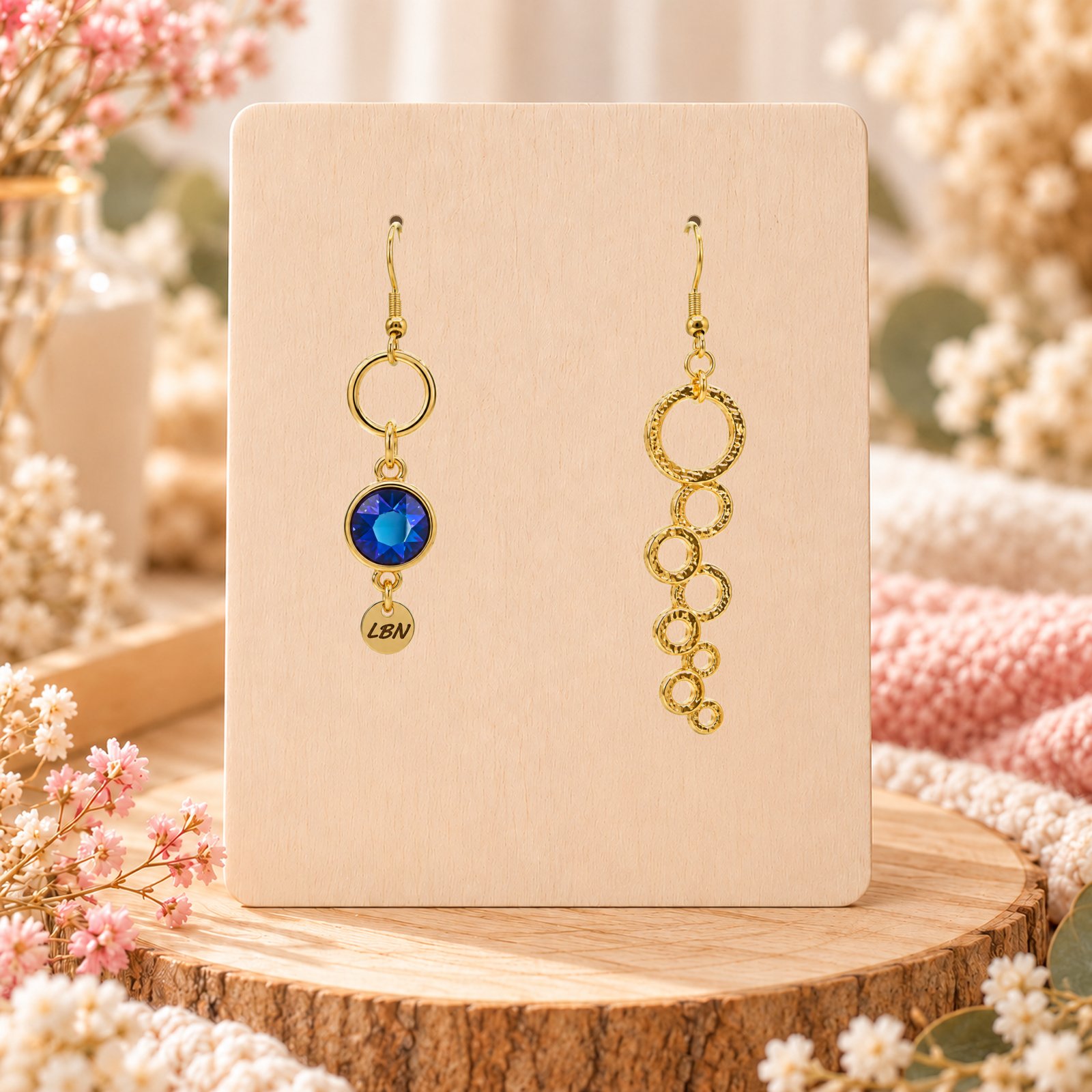 Boucles d'oreilles asymétriques – Cristal bleu et cascade de cercles dorés martelés — visuel 1