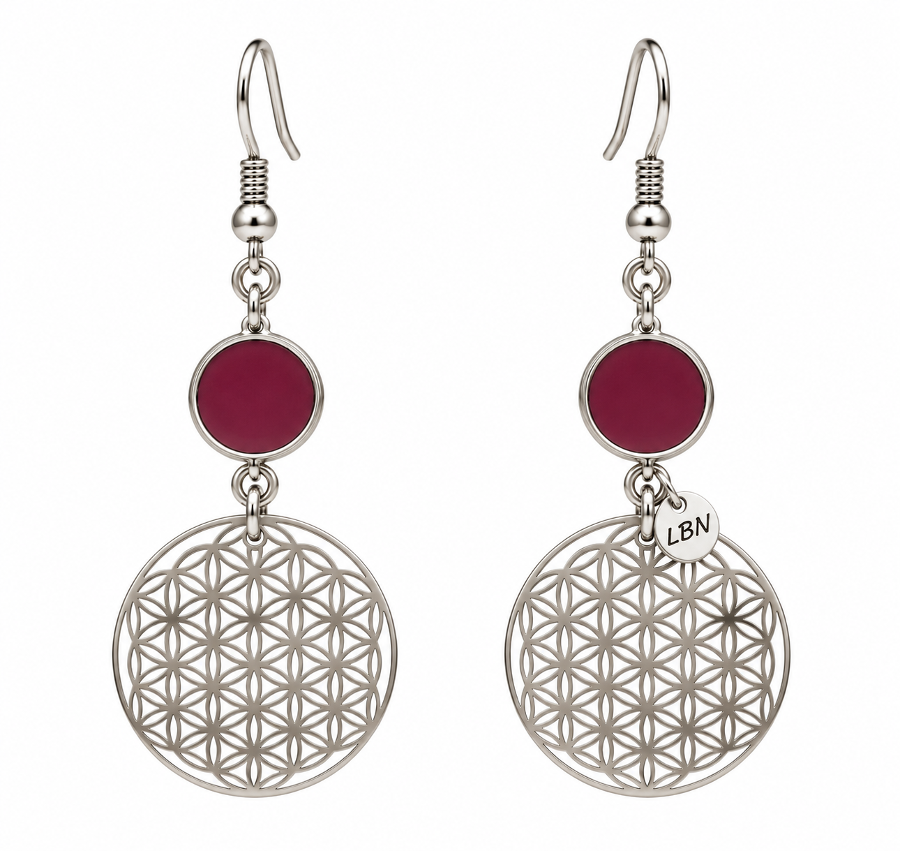 Boucles d'oreilles symétriques – Fleur de vie argentée & bordeaux — visuel 1