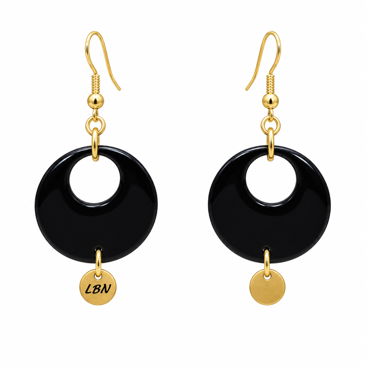 Boucles d'oreilles symétriques – Disques noirs à ouverture ronde et breloques dorées — visuel 1
