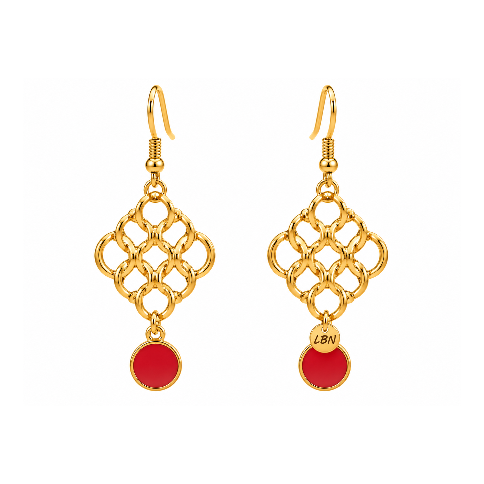 Boucles d'oreilles symétriques – Entrelacs de cercles & touche de rouge — visuel 1