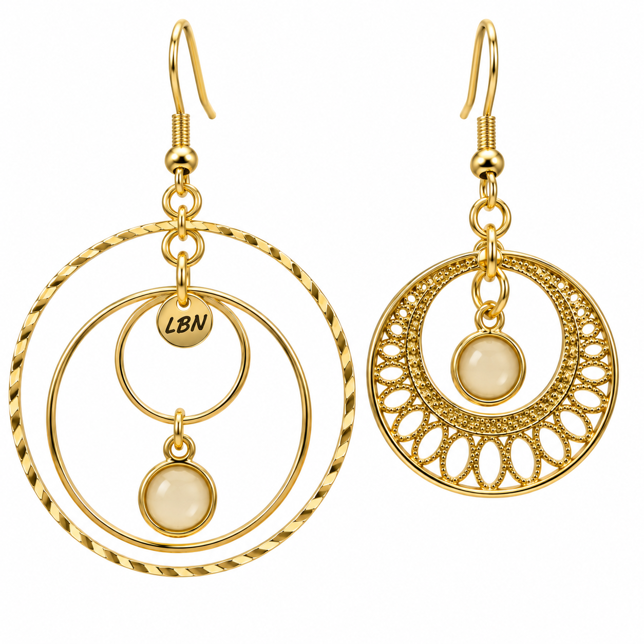 Boucles d'oreilles asymétriques – Cercles & touche de beige — visuel 1
