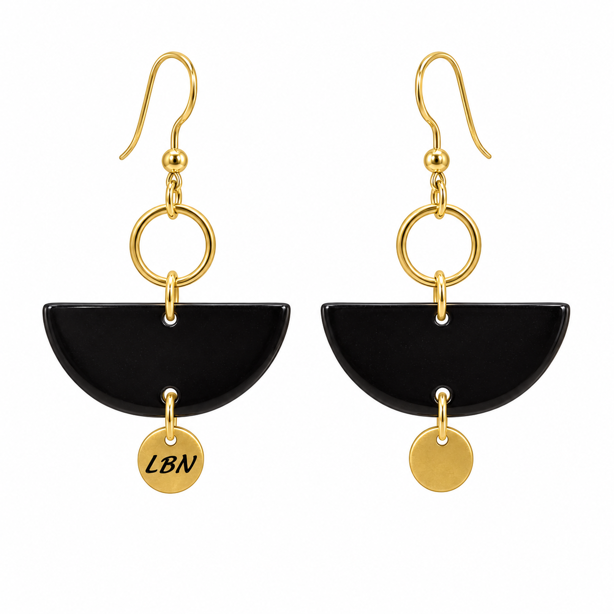 Boucles d'oreilles symétriques – Demi-lunes noires et anneaux dorés — visuel 1
