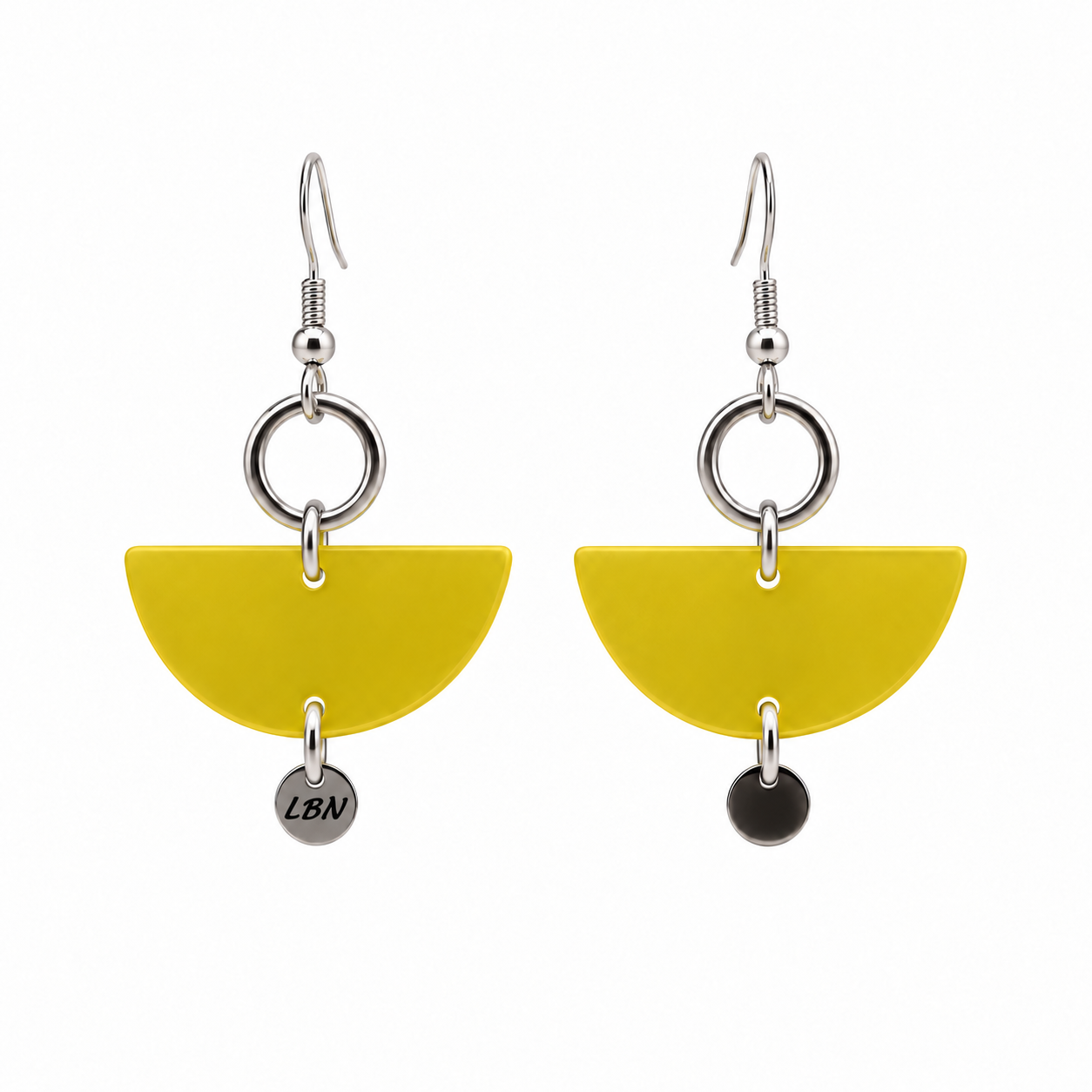 Boucles d'oreilles symétriques – Demi-lunes jaunes et anneaux argentés — visuel 1