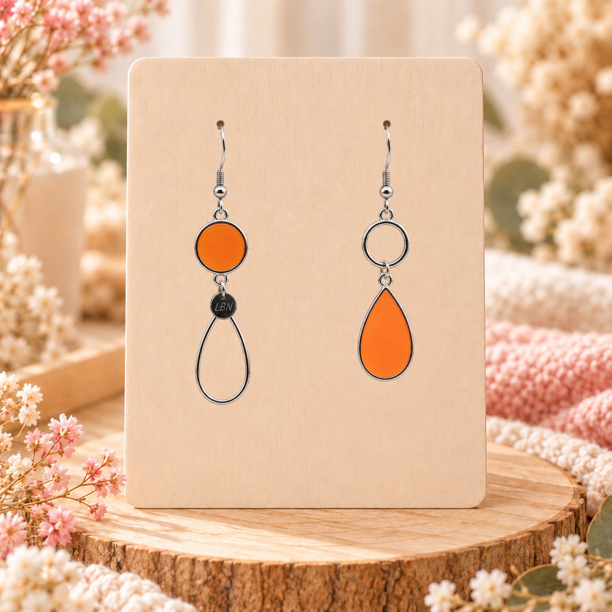 Boucles d'oreilles asymétriques – Gouttes argentées et touches d'orange — visuel 1