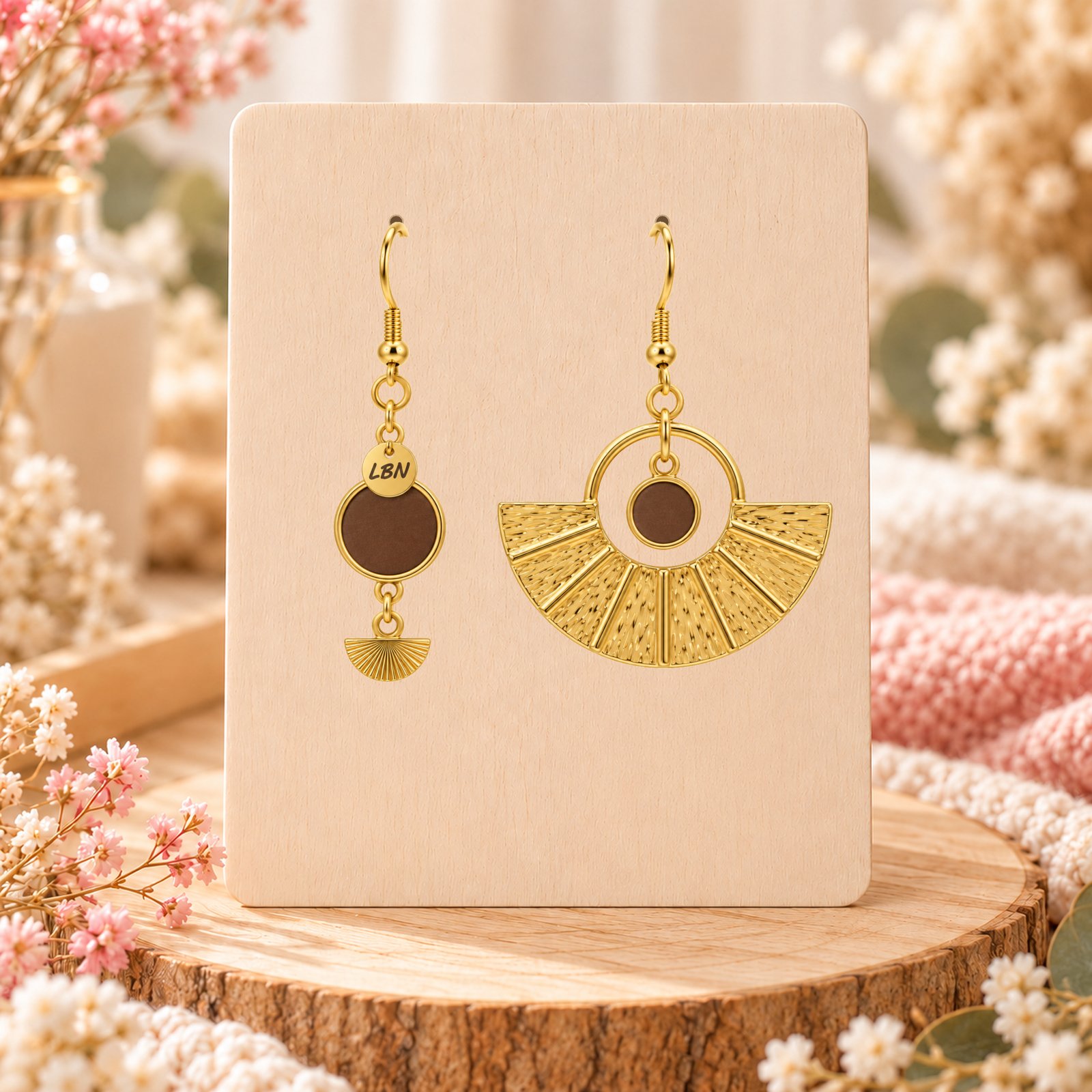 Boucles d'oreilles asymétriques – Éventails dorés et touches de brun — visuel 1