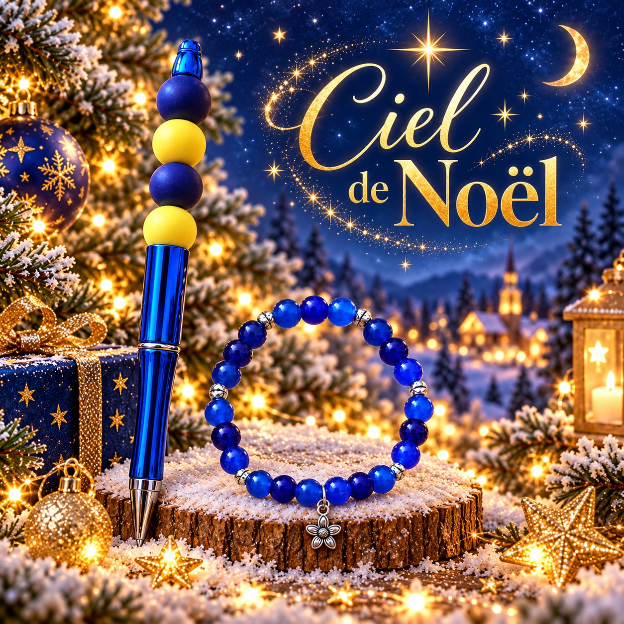 💙 Duo Ciel de Noël – Bracelet & stylo bleu avec fleur argentée 🌼Un duo à s'offrir sous le sapin - — visuel 1