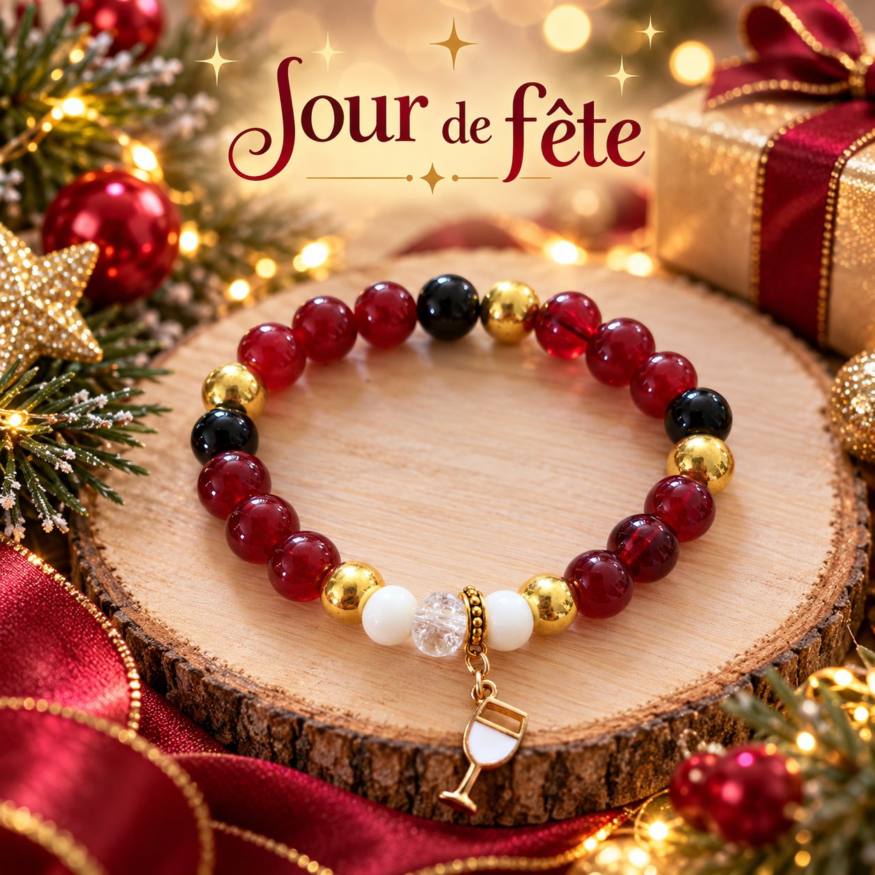 ✨ – Bracelet de perles fantaisie rouge bordeaux et breloque verre à pied 🥂- " Jour de fête" - — visuel 1