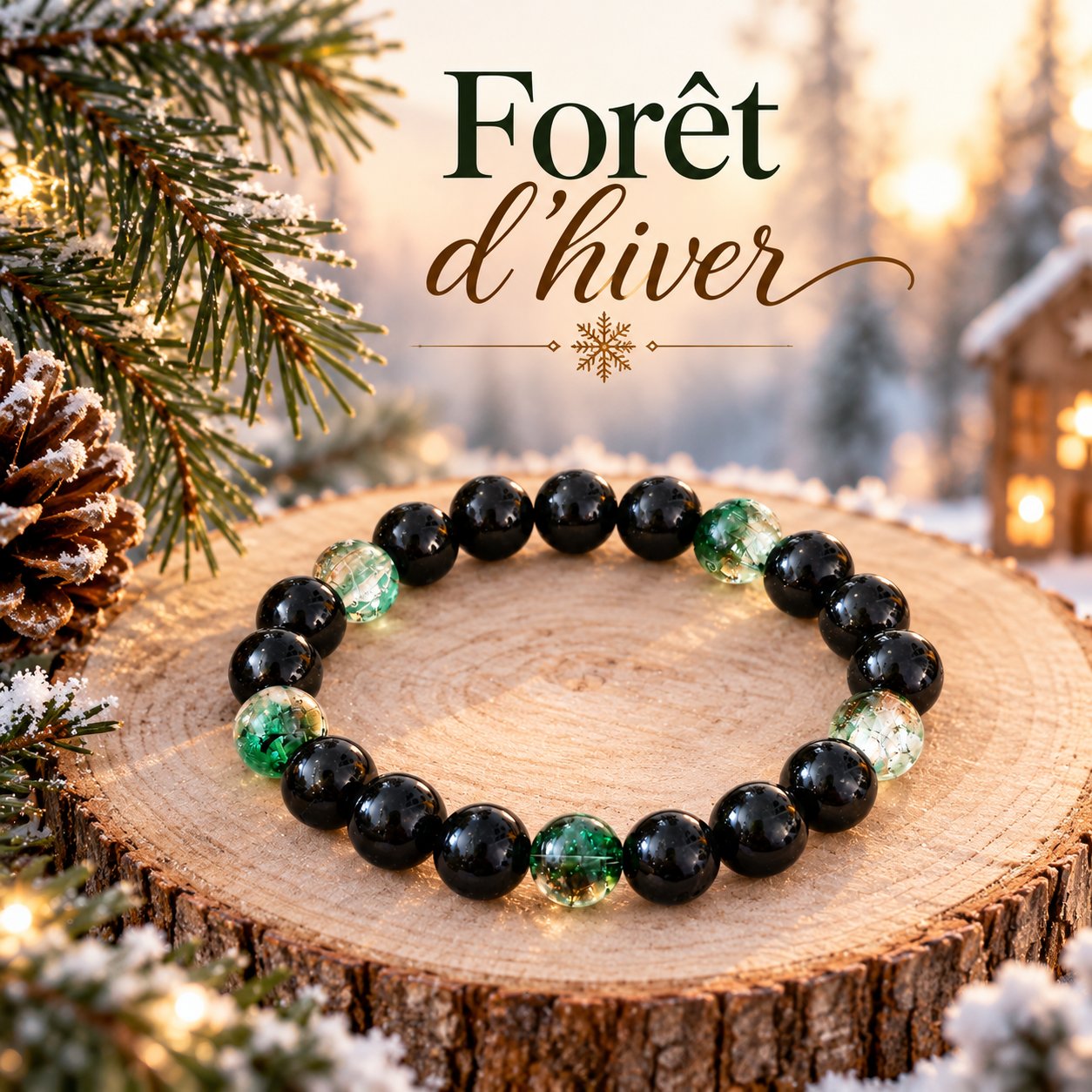 🌲Bracelet "Forêt d’hiver" – La magie de Noël au poignet ❄️Perles noires et vertes ❄️ — visuel 1