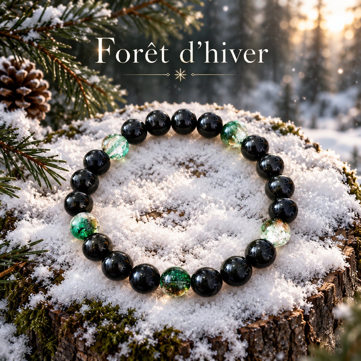 🌲Bracelet "Forêt d’hiver" – La magie de Noël au poignet ❄️Perles noires et vertes ❄️ — visuel 1