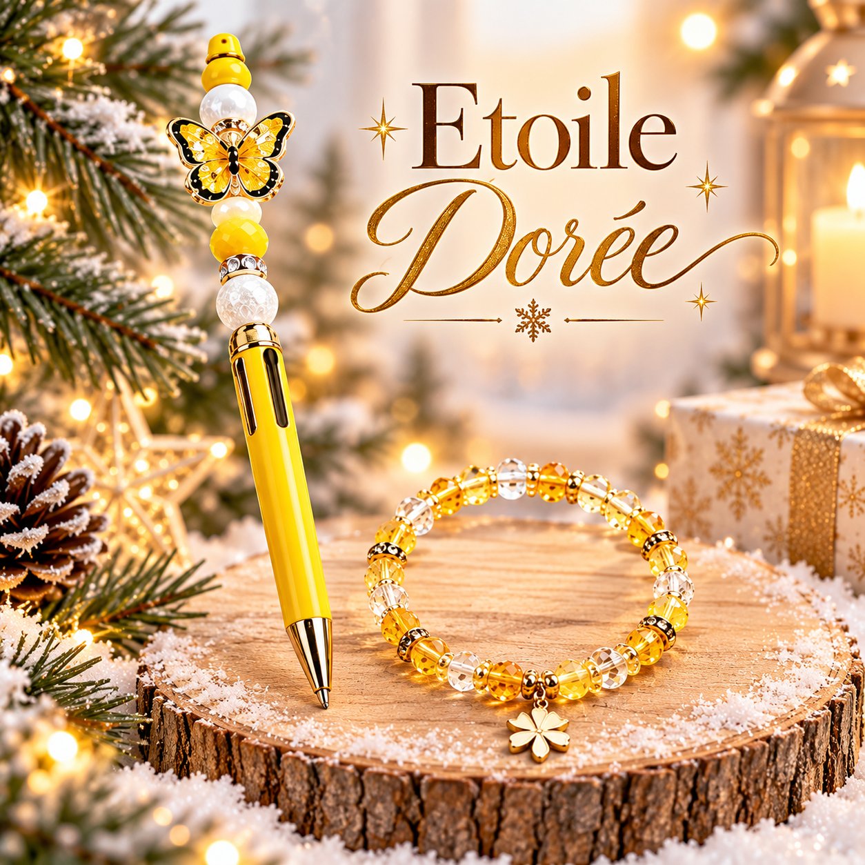 🌼 Duo "Etoile dorée"  – Bracelet & stylo 4 couleurs jaune et doré ✨Un duo lumineux pour Noël — visuel 1