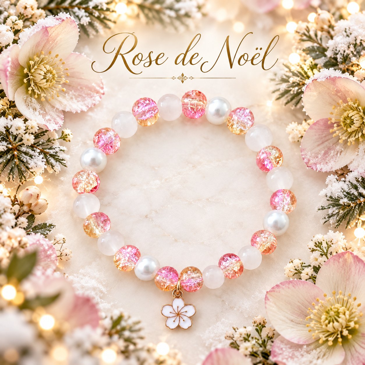 🌟 Bracelet en perles fantaisie rose et blanches , breloque fleur - « Rose  de Noël » — visuel 1