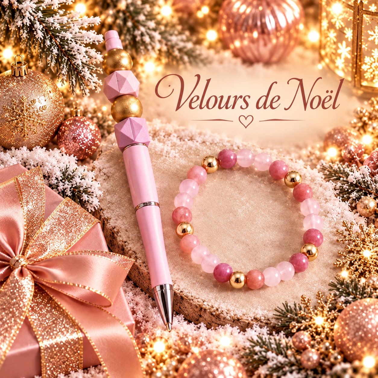 🌸 Duo Velours de Noël– Bracelet & stylo bille 💗La douceur des fêtes - — visuel 1