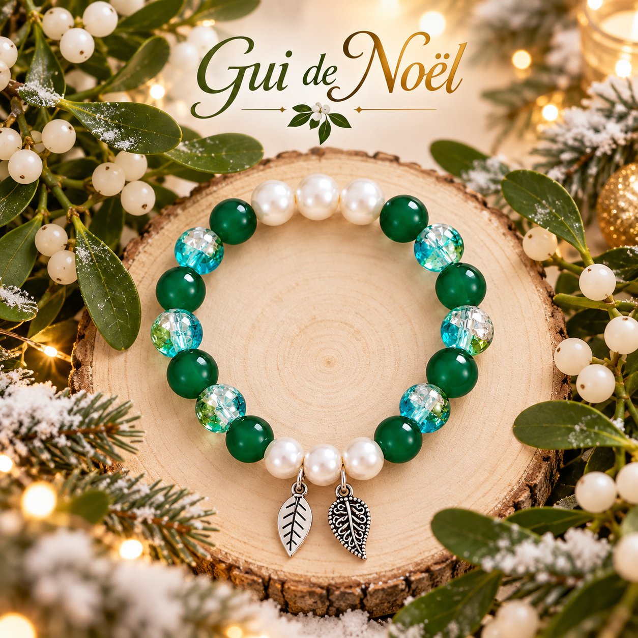 🌿 Bracelet en perles fantaisie vertes & blanches craquelés , breloque feuilles -  « Gui de Noël » — visuel 1