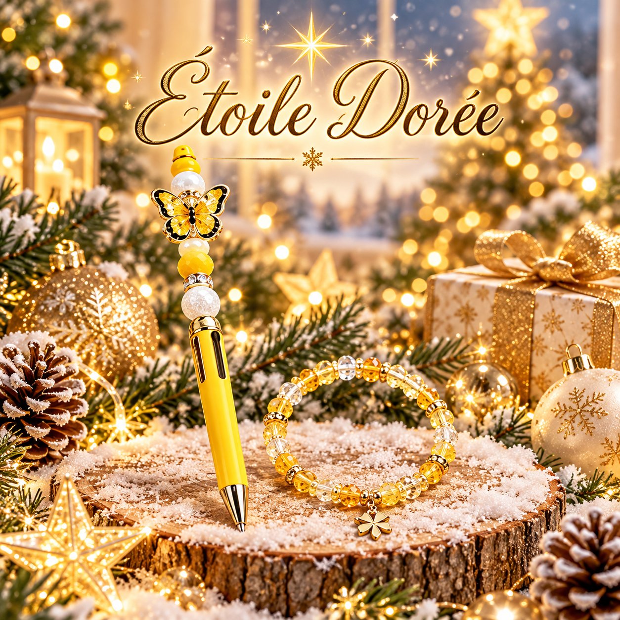 🌼 Duo "Etoile dorée"  – Bracelet & stylo 4 couleurs jaune et doré ✨Un duo lumineux pour Noël — visuel 1