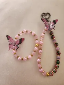 🦋 Duo Ailes Précieuses – Bracelet & grigri de sac rose et doré ✨ — visuel 1