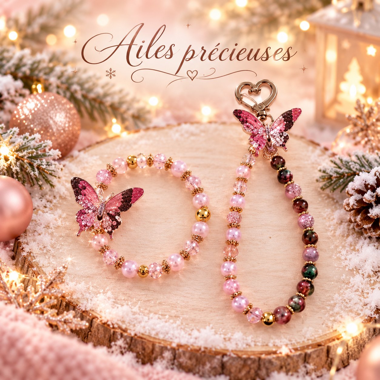 🦋 Duo Ailes Précieuses – Bracelet & grigri de sac rose et doré ✨ — visuel 1